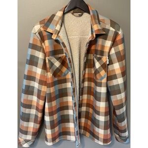 Men's GUELENKKE Orange/Brown Plaid Fleece Sherpa Button Up Shirt Jacket Size L